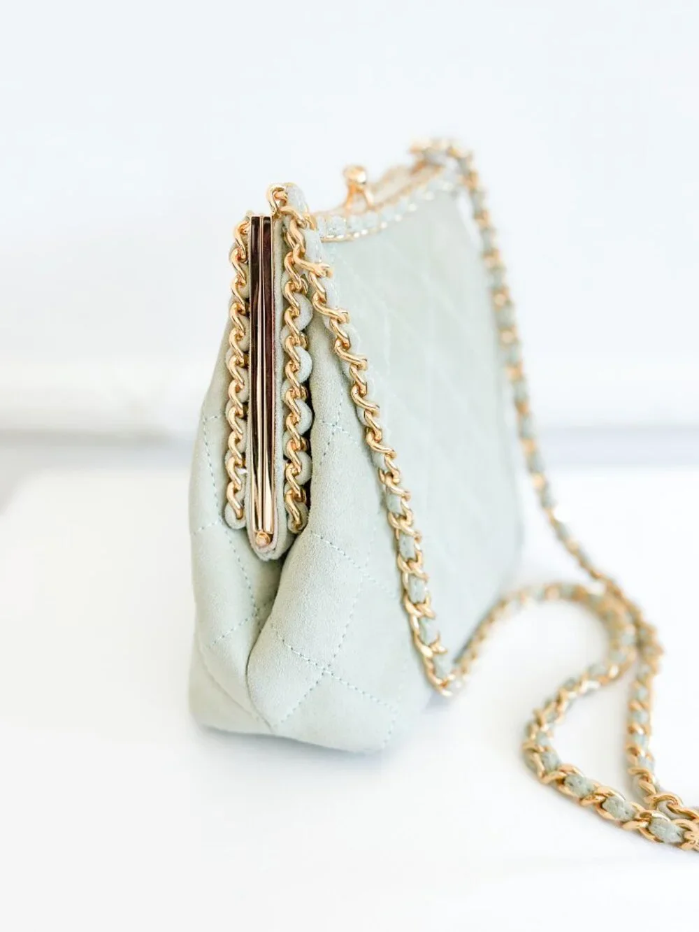 Vintage Chanel Quilted Suede Chain Frame Bag – Mint Green Kiss Lock Shoulder Bag